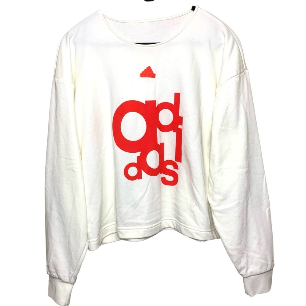 adidas White Slouchy Sweatshirt Long sleeve Red Logo Sweater Boat neck Sz M